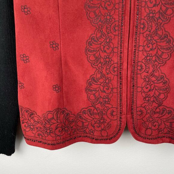 Coldwater Creek Faux Suede Sweater Jacket Ribbed Sleeves Beaded Full Zip Red L - Picture 14 of 16
